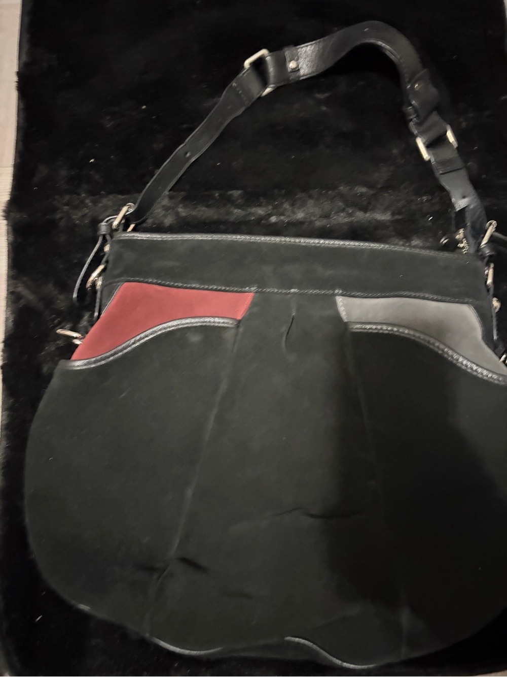Sondra Roberts Black Suede Shoulder Bag with Red Accent